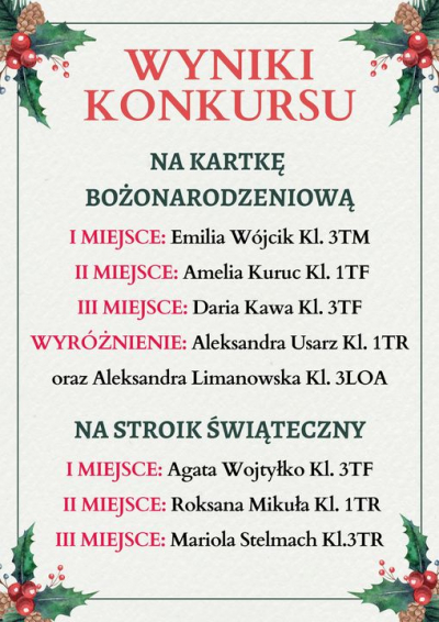 Wyniki konkursu na stroik oraz kartkę bożonarodzeniową